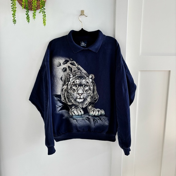 Vintage Wek The World 80's Snow Leopard Collared Sweatshirt Long Sleeve Navy 2 - Picture 1 of 8